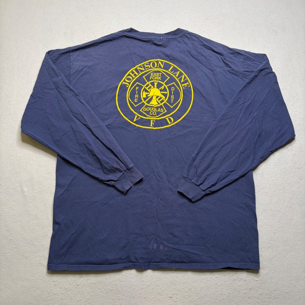 Hanes Beefy-T Shirt Mens XXL Blue Johnson‎ Lane VFD Long Sleeve Distressed Y2K